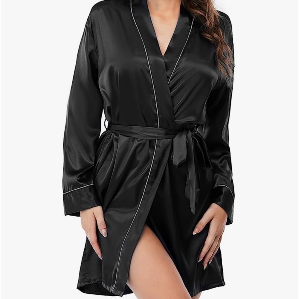 Escalier black satin kimono robe